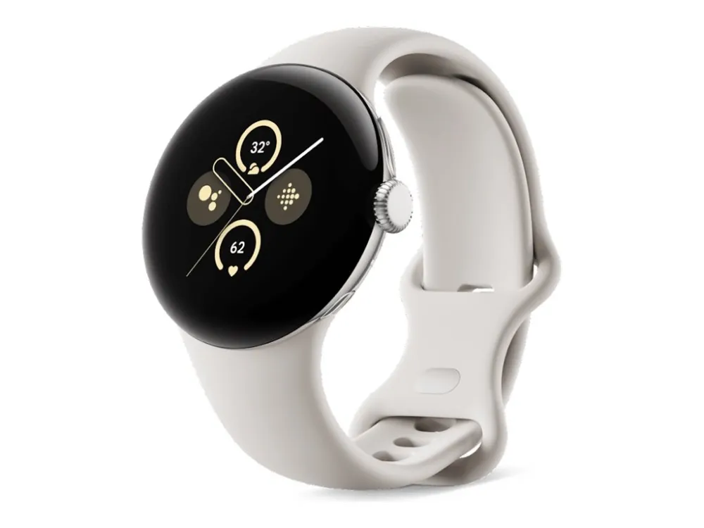 Google Pixel Watch 2 - Poleret sølvaluminium - smart ur med aktivt bånd - fluoroelastomer - porcelæn - båndstørrelse: S/L - 32 GB - Bluetooth, Wi-Fi, NFC, LTE - 4G - 31 g
