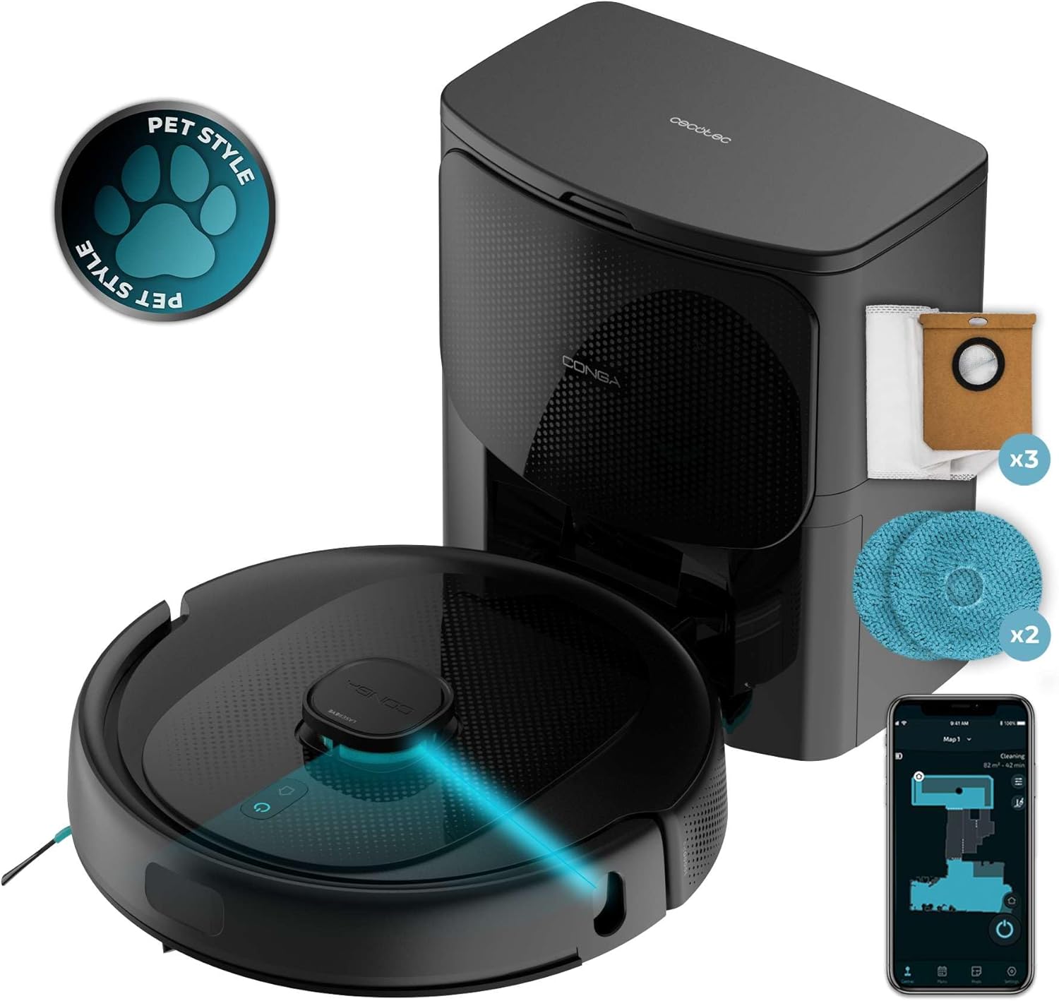 Cecotec Saugroboter Conga 9590 Spin Revolution Ultra Power Home, Lasernavigation, Künstliche Intelligenz, 10.000 Pa, max. 240 Minuten Akkulaufzeit, rotierende Mops, Silikonbürste für Haustiere.