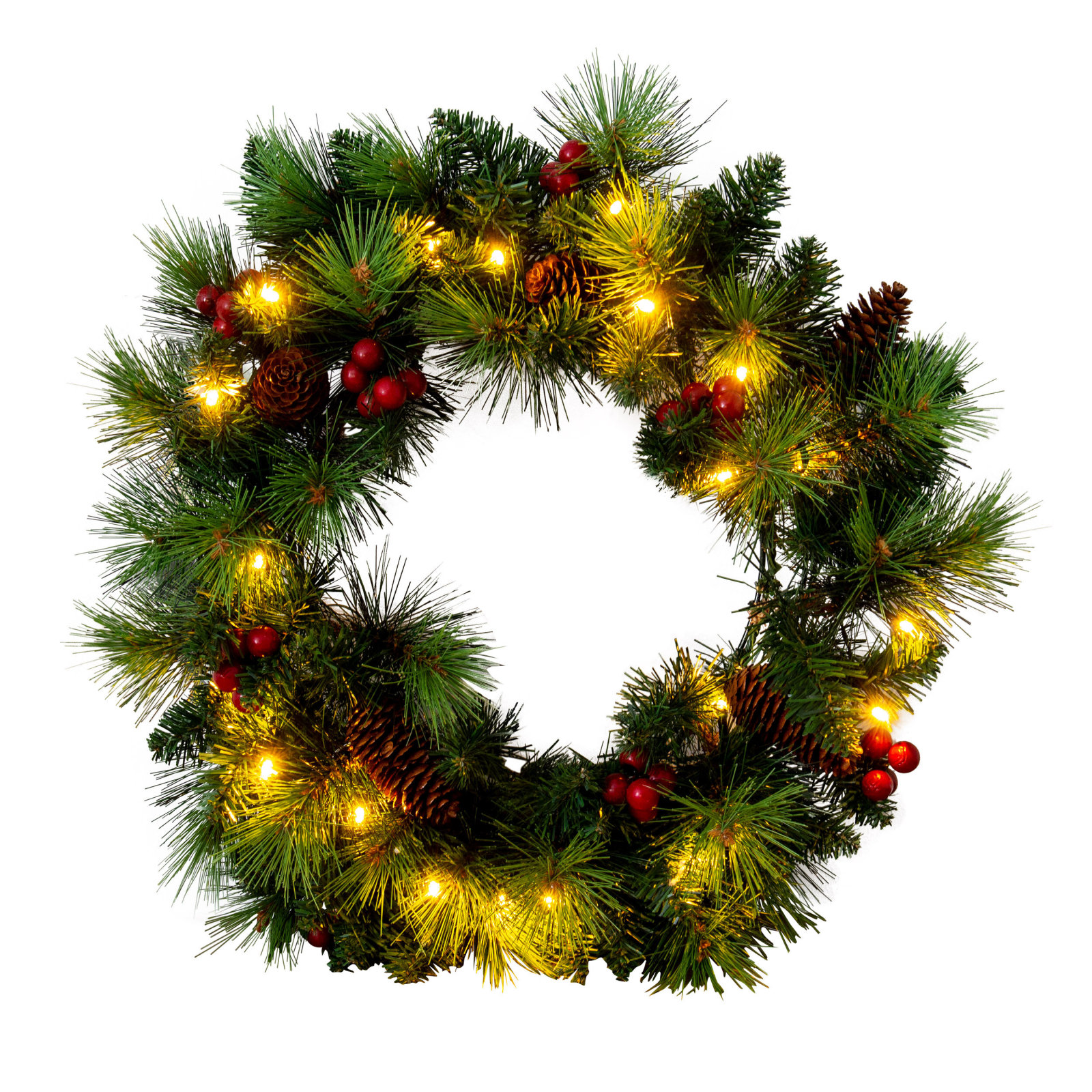 LED-Weihnachtskranz - mit Beeren und Tannenzapfen