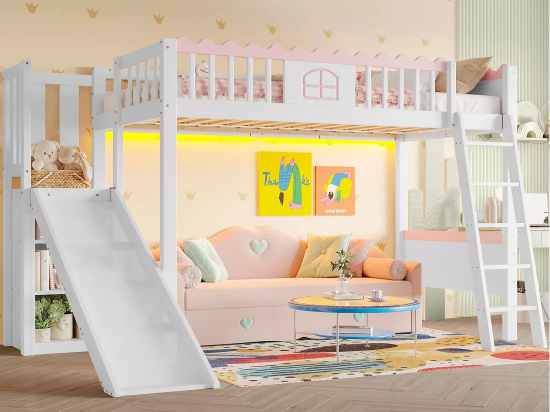 Lit mezzanine enfant 90x200 cm - avec éclairage LED - avec étagères - avec toboggan - Bois massif - Blanc (sans matelas)
