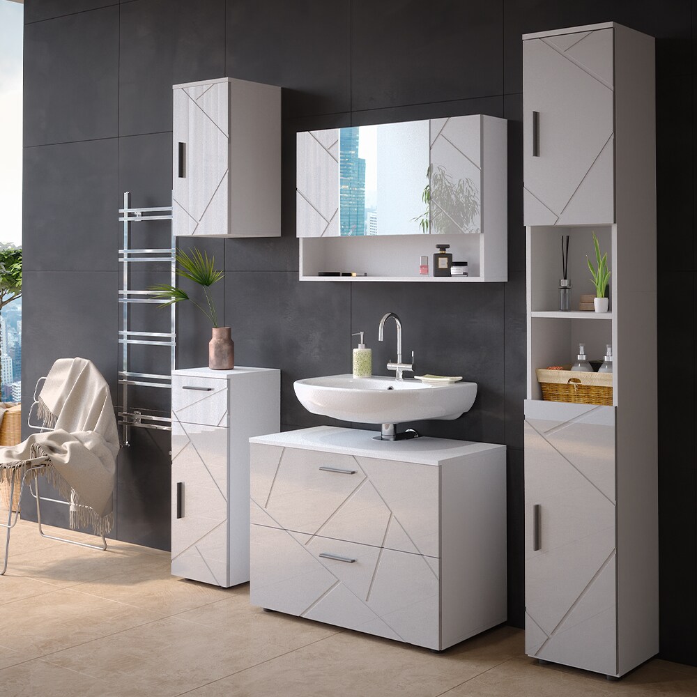 Vicco Badmöbelset Irma Weiß Hochglanz modern 80 cm 30 cm Badezimmerschrank Badschrank Badezimmermöbel Waschtischunterschrank Spiegelschrank Hochschrank Midischrank Hängeschrank Tür Schublade