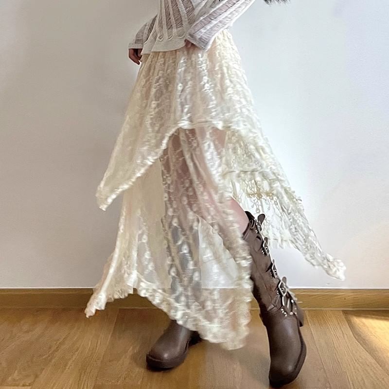 WIKPROM - Hoge taille asymmetrische geplooide midi A-lijn kanten rok