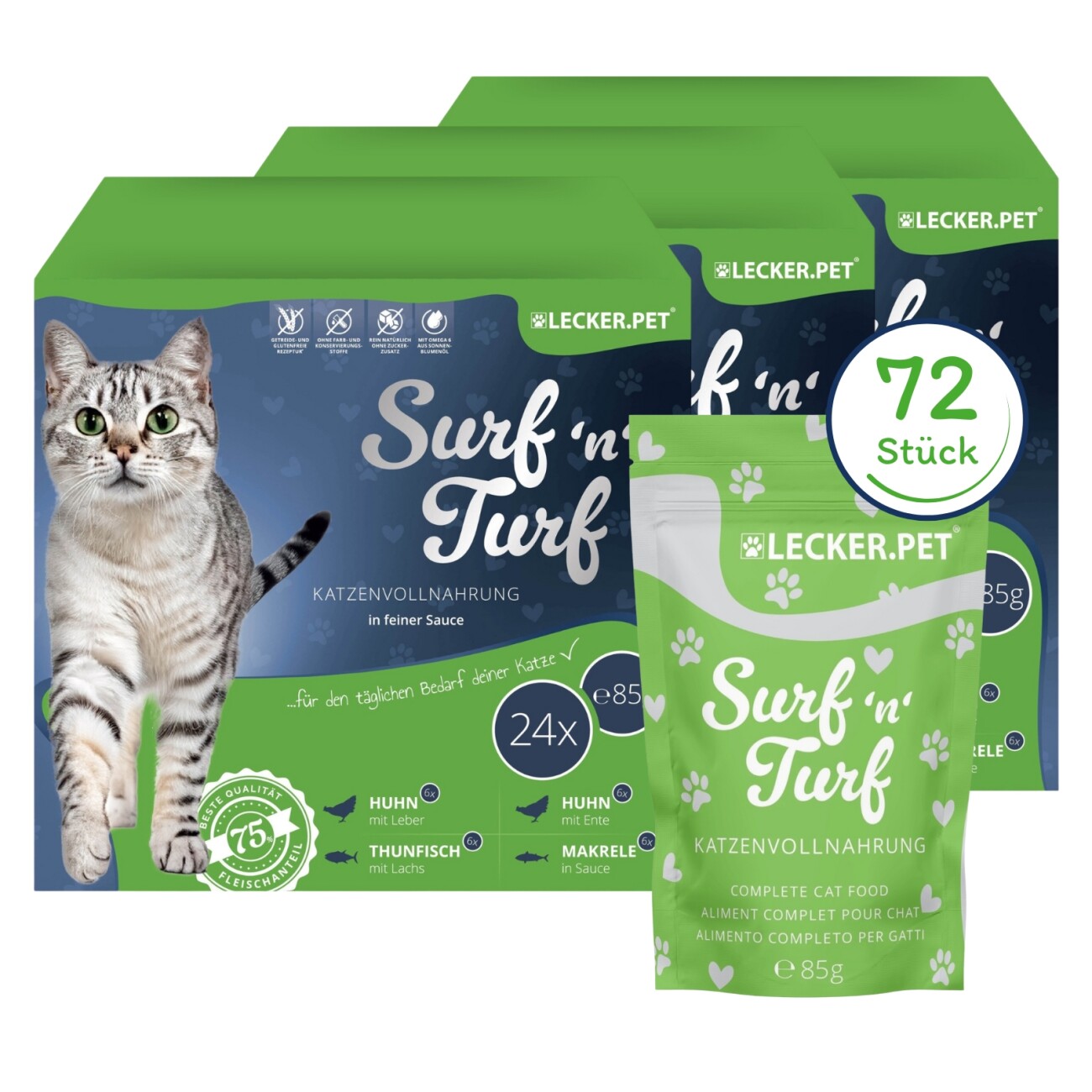 Lyra Pet Lecker.Pet Surf'n'Turf Pouches Katzenfutter in feiner Sauce Nassfutter 4er Mix Multipack