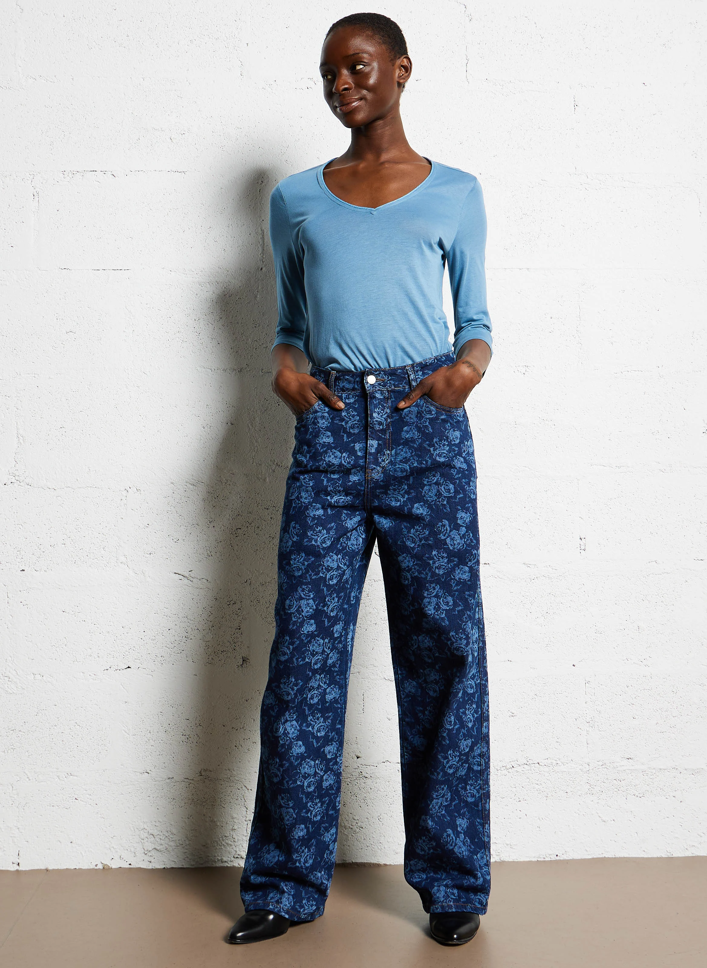 BERTA ROSES - Jean large à motifs en coton| Bleu