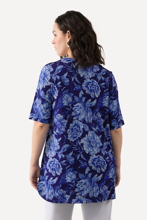 Slinkyshirt, Blüten, A-Linie, V-Ausschnitt, Halbarm