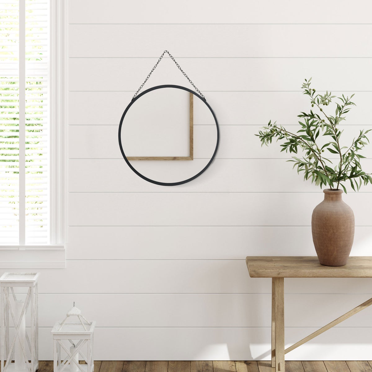 HOMCOM Wandspiegel, make-upspiegel, Ø 50 cm, ronde spiegel, woonkamerspiegel met decoratieve ophangbevestigingen voor slaapkamer, eetkamer, hal, zwart, metaal, glas