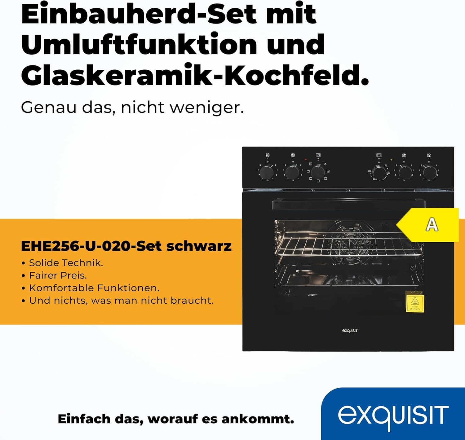 Exquisit Herd-Set EHE256-U-020-Set schwarz | EEK: A | 59,0 l Garraum | Glaskeramik Kochfeld | Herd-Set 60 cm