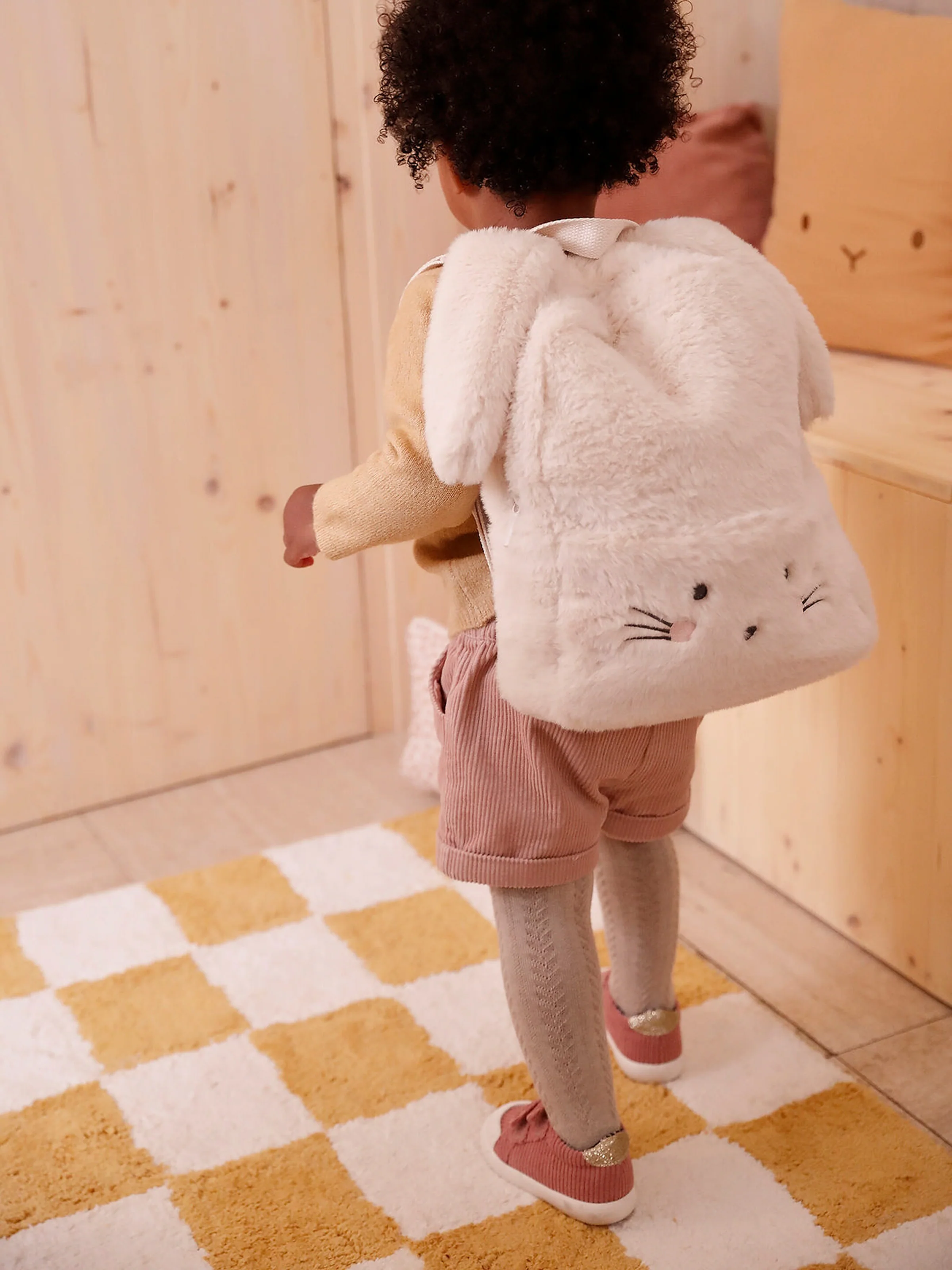 Vertbaudet Kinder Kita-Rucksack HÄSCHEN aus Webpelz wollweiß