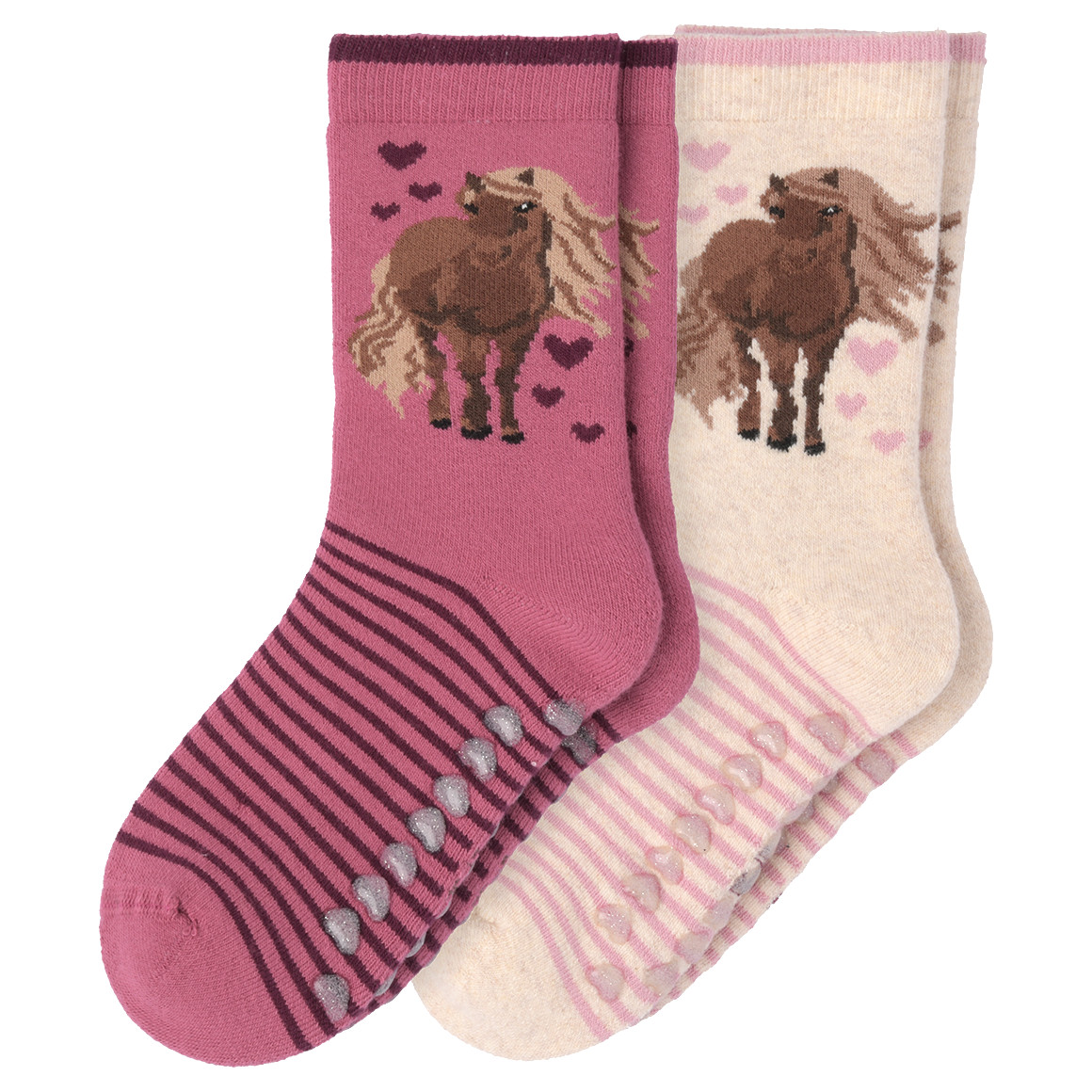 2 Paar Mädchen Stoppersocken mit Pferde-Motiv creme / rosa
