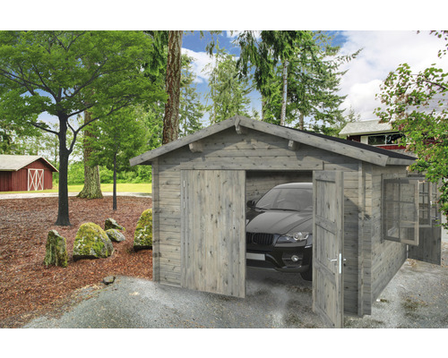 Palmako Roger vrijstaande garage, 19,0 m², met houten deur 360 x 550 cm, grijs gegrond.