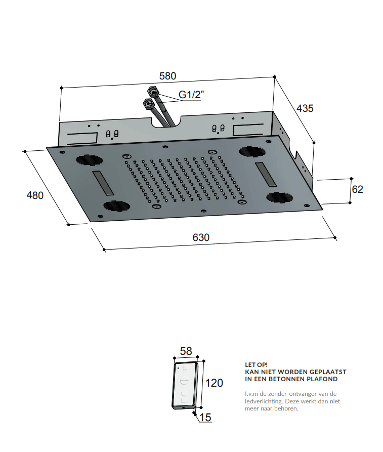Hotbath Mate M192 inbouw hoofddouche met LED, spray en Bluetooth 48x63cm geborsteld nikkel