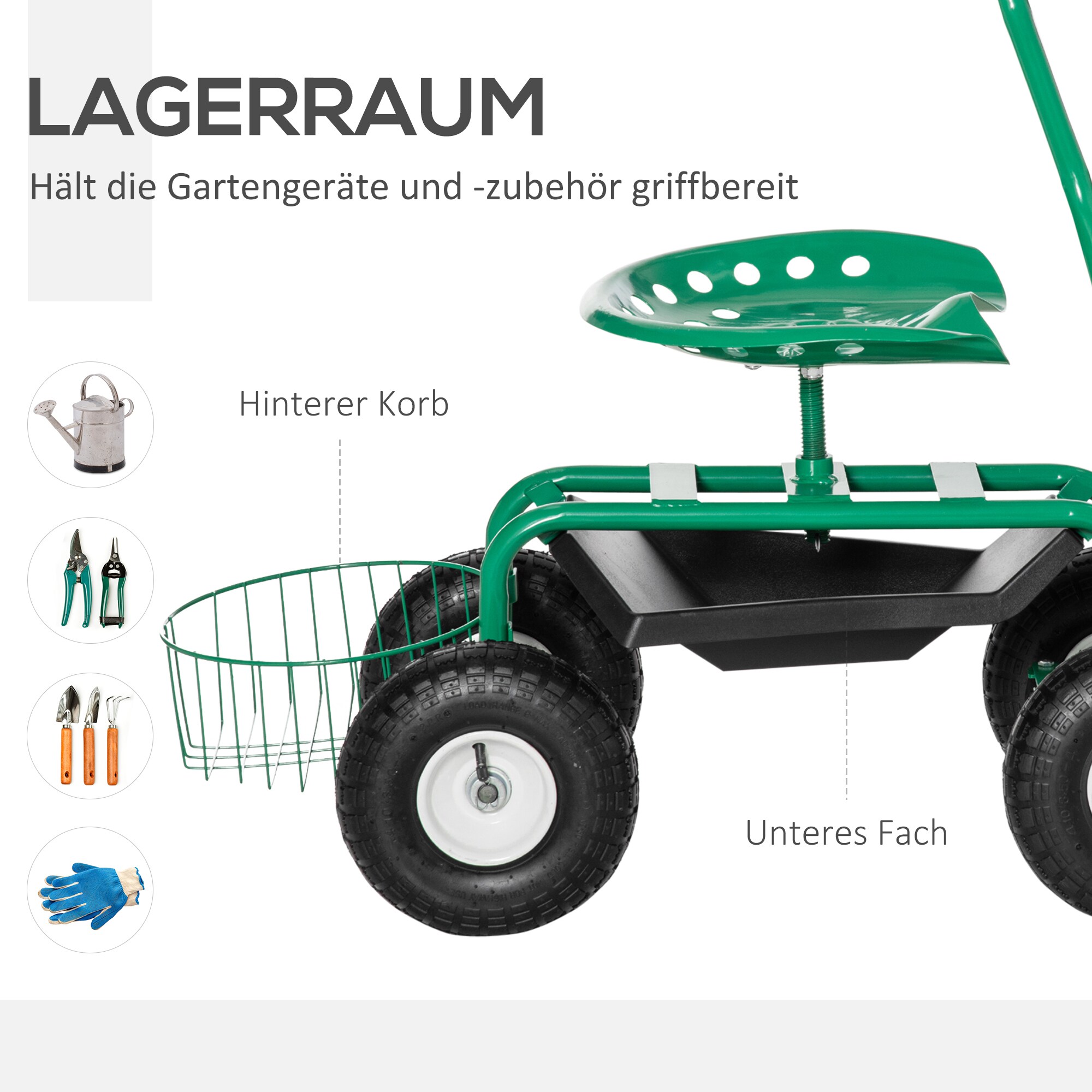 Outsunny Fahrbarer Gartensitz mit Gartengeräteablage grün 98L x 45B x 87H cm