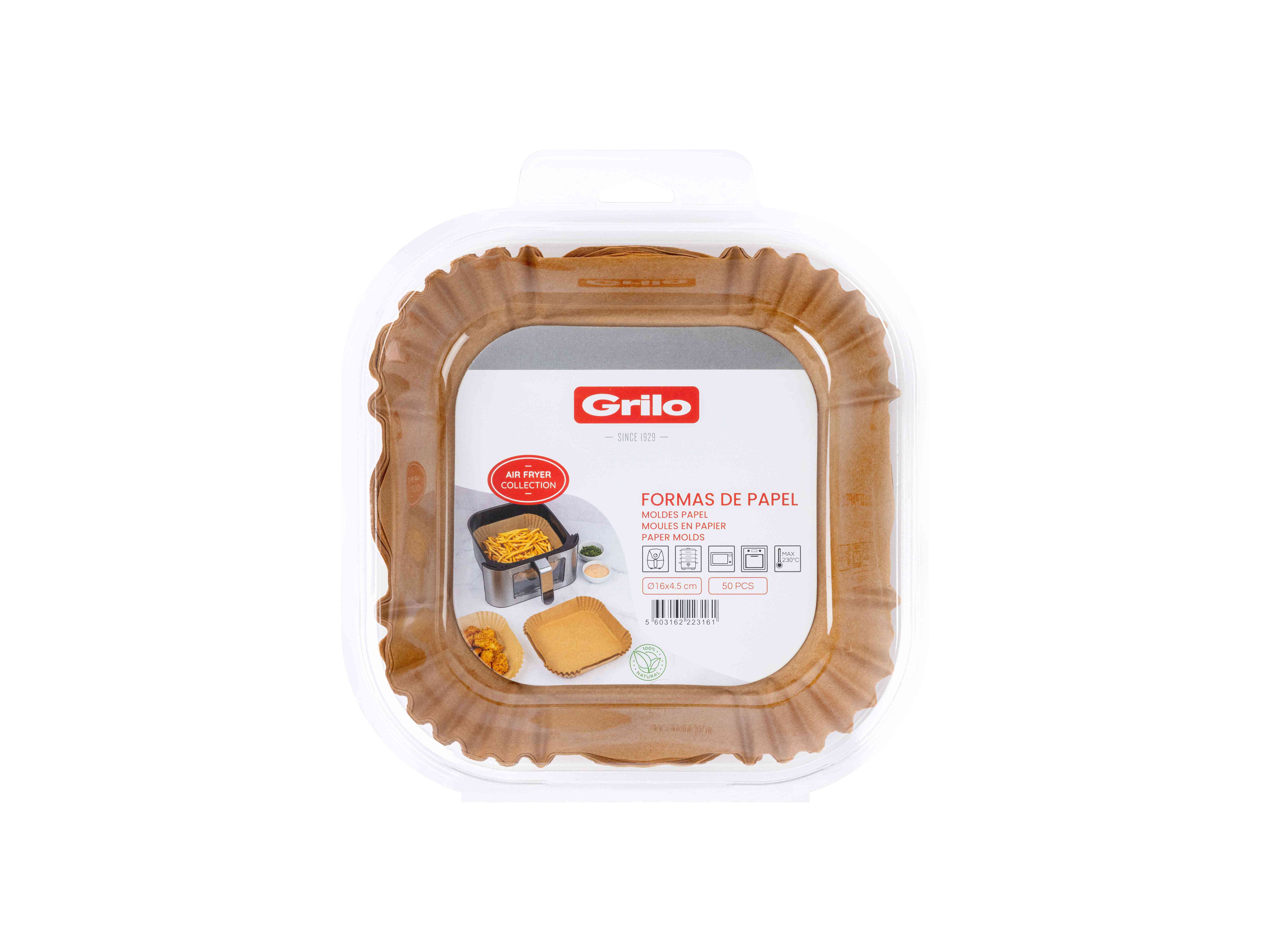FORMAS DE PAPEL PARA AIR FRYER QUADRADAS GRILO 50 UNIDADES 16CM