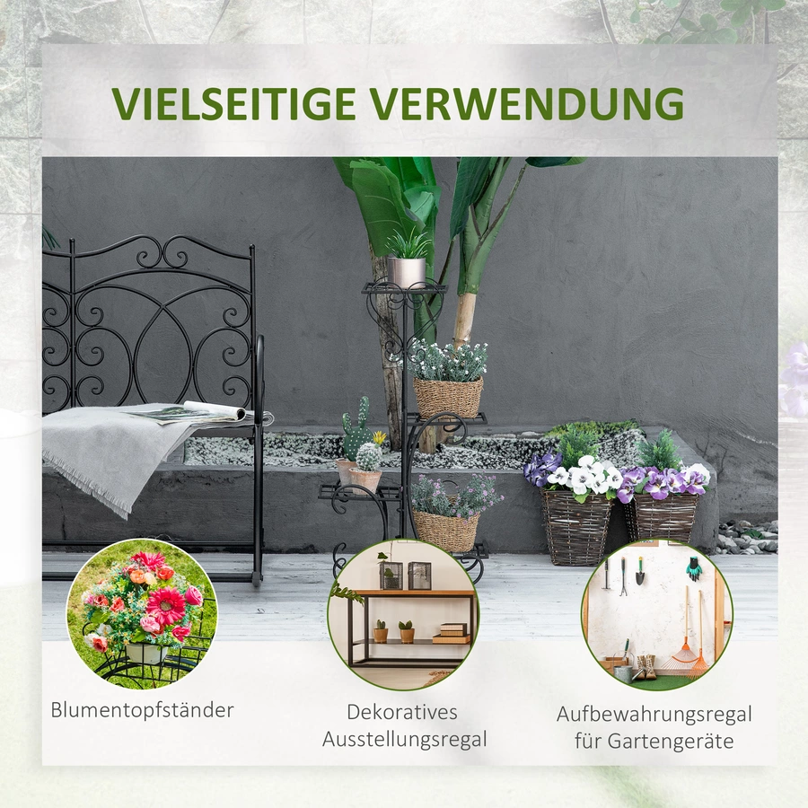 Outsunny Blumenregal mit 4 Ebenen und Ornamenten schwarz