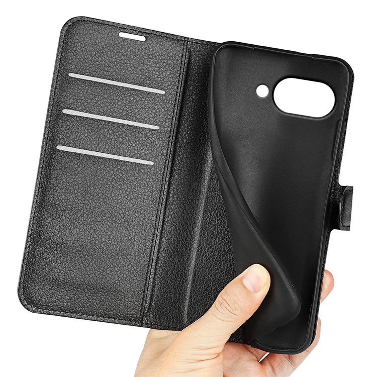 Google Pixel 9a Leder Tasche Flip Cover Litchi Look - Schwarz