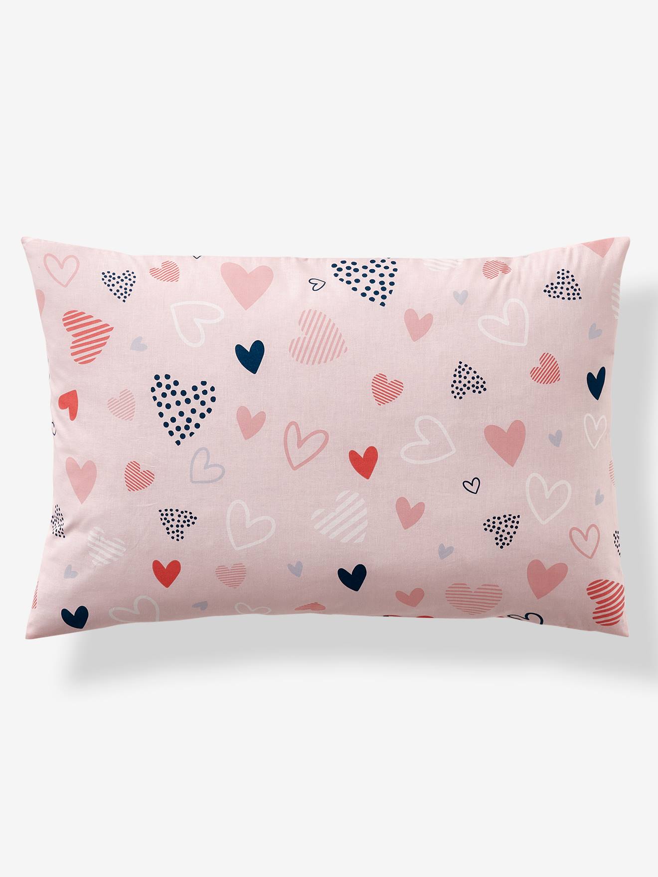 Conjunto infantil de capa de edredom e fronha, estampa Hearts in Party, modelo Basics rosa claro.