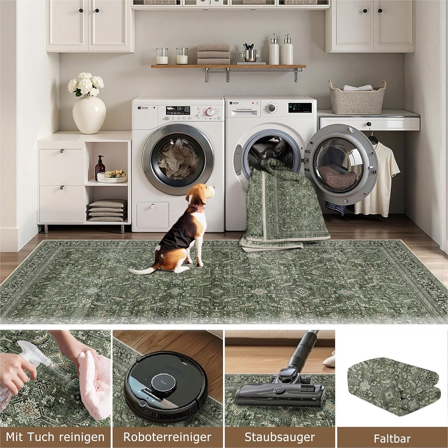 Vintage Grün Waschbarer Teppich Wohnzimmer 200x300cm Retro Rugs for Living Room Weich rutschfest Groß Tepich Kurzflor Schlafzimmer Carpet Living Room Bedroom Esszimmer Teppiche Büro