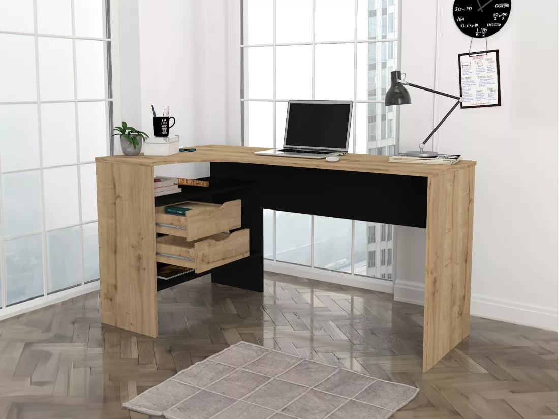 Bureau d'angle avec rangements - Coloris : Naturel et noir - LAKISA