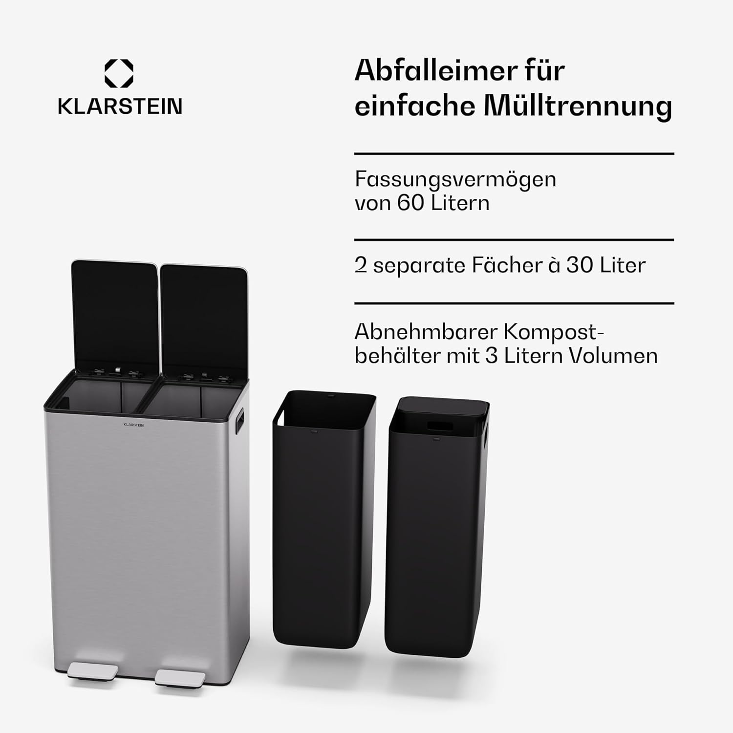 Klarstein EcoVista Mülleimer - 60L Abfalleimer mit 2 Fächern & 3L Kompostbehälter, Soft-Close, Edelstahl, Küchen-Abfalleimer, Mülltrennsystem