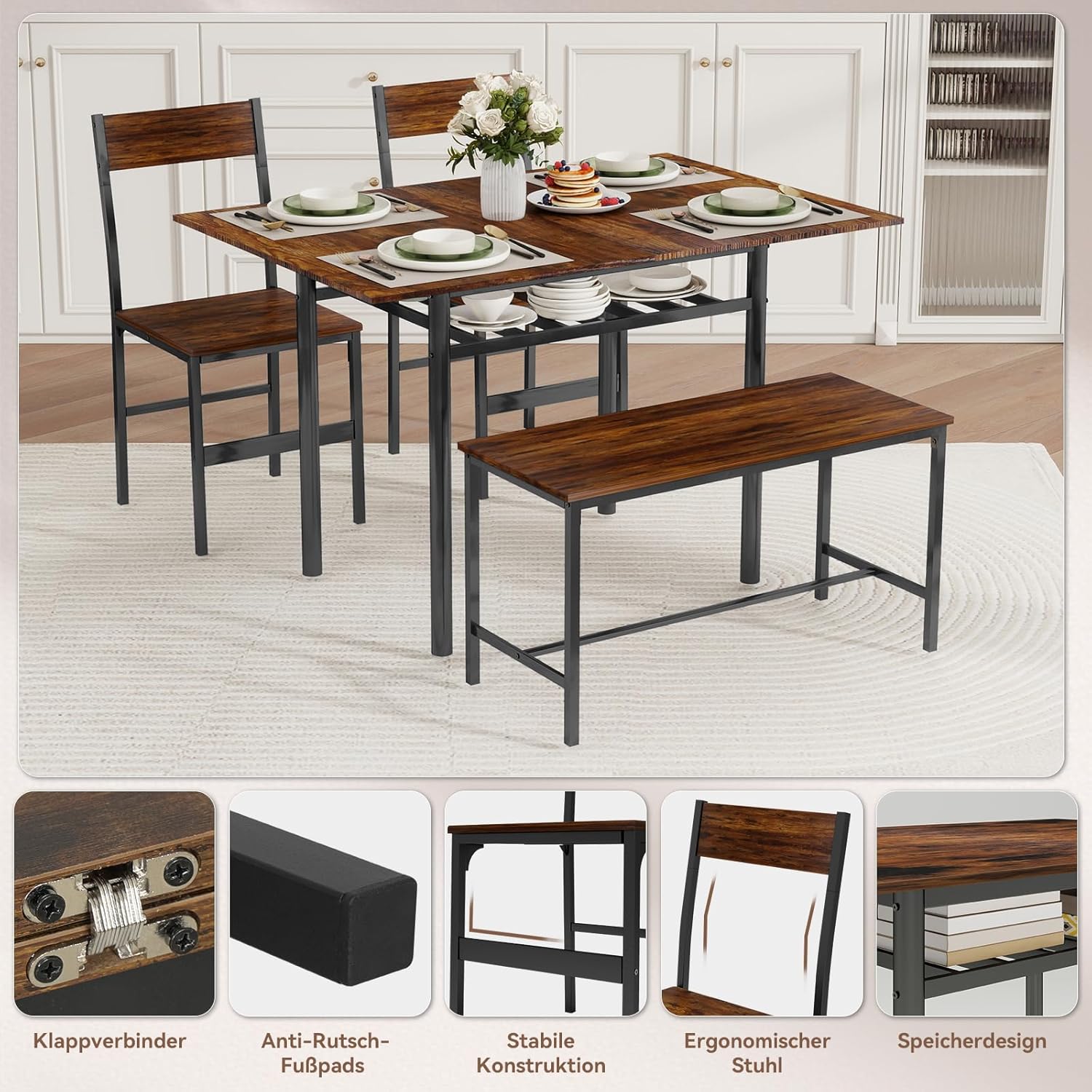 ARTETHYS Essgruppe Esstisch Ausziehbarer 60-120cm mit 2 Stühlen & Bänken, Klappbarer Küchentisch-Set mit Metallgestell Esszimmergruppe, Industrial Sitzgruppe Esszimmer, Ablagefach, Vintage Braun