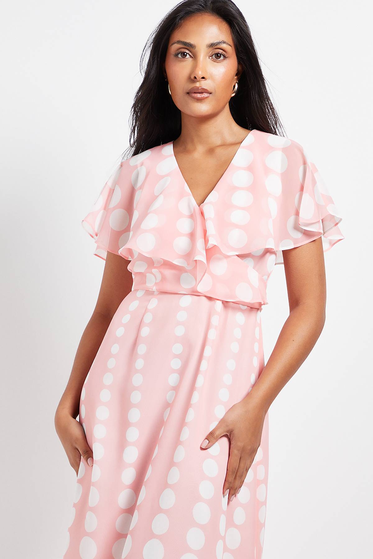 Wallis Robe Midi Petite en Mousseline à Pois avec Manches Cape et Bordure