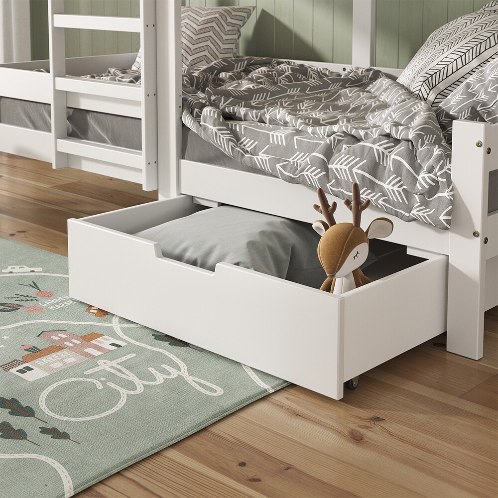 VitaliSpa Bettschublade Schubladenbett Aufbewahrung Teddy Tom weiß 92x21 cm Kinderzimmer Bett Zubehör Spielzeug Ablage Buche Massivholz rollbar Spielturmbett