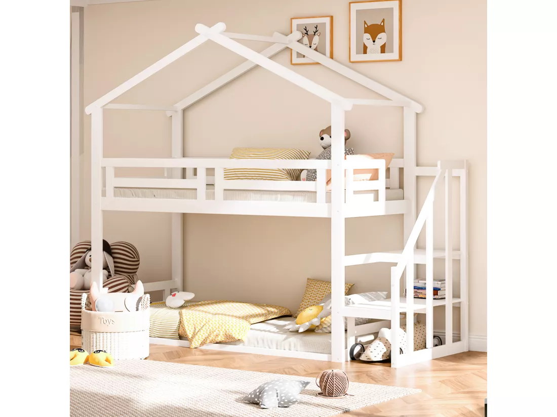 Lit superposé d'enfant 90x200cm - lit cabane avec escalier de sécurité, cadre de lit en bois massif avec sommier à lattes - blanc
