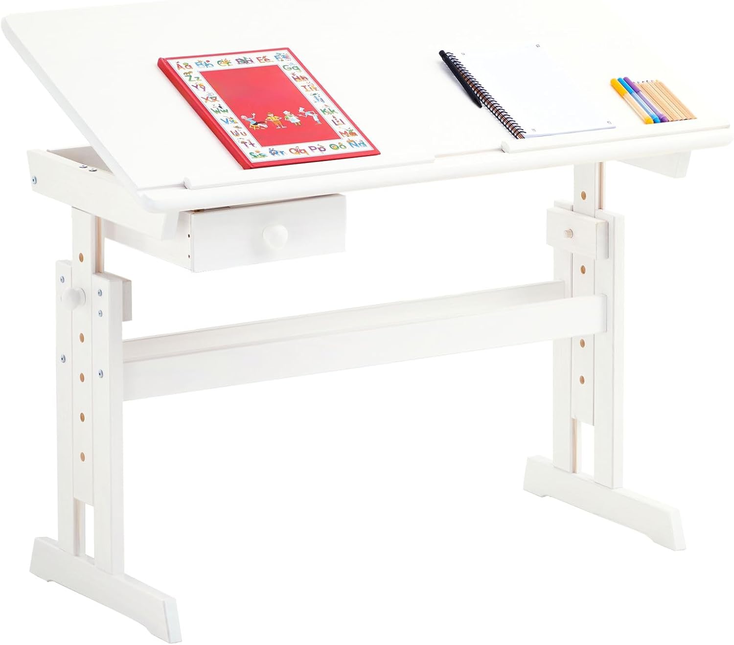 IDIMEX Kinderschreibtisch Flexi mit Kippfunktion und Höhenverstellung, praktischer Schreibtisch aus massiver Kiefer in weiß
