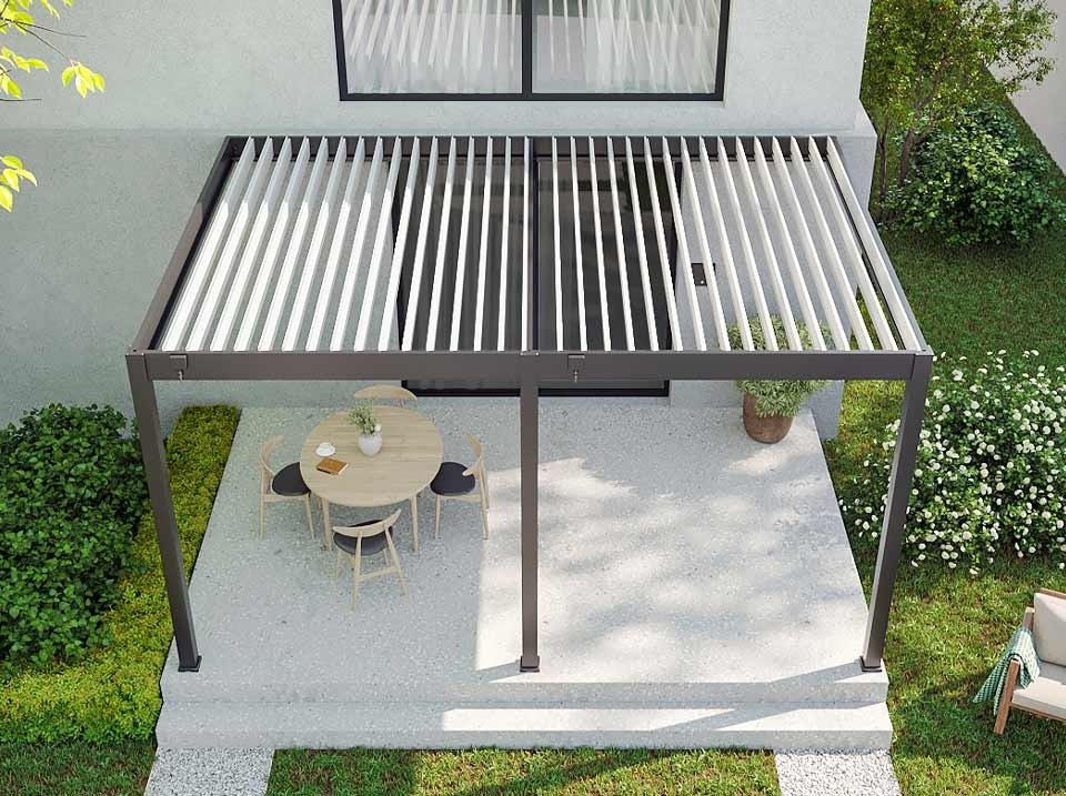 Pergola bioclimatique 3,6 x 5,3m - halo 19m² adossee - gris - aluminium - lames en acier galvanisé - lames orientables de 0 à 120°