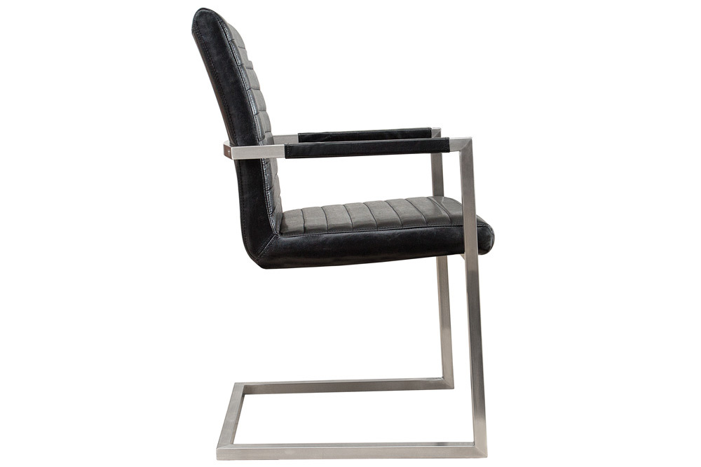 Industrial Freischwinger Stuhl LOFT antik schwarz Kunstleder mit Armlehne Edelstahl
