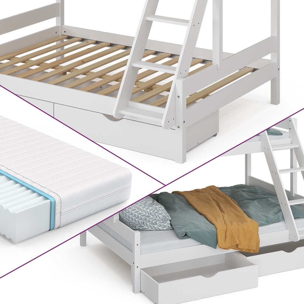 VitaliSpa Hochbett Kinderbett Spielbett Everest Weiß modern 140x200 Massivholz Kinderzimmer Bett Lattenrost Bettleiter Kletterbett Doppelbett Geschwisterbett Bettschublade Rollschublade Matratze