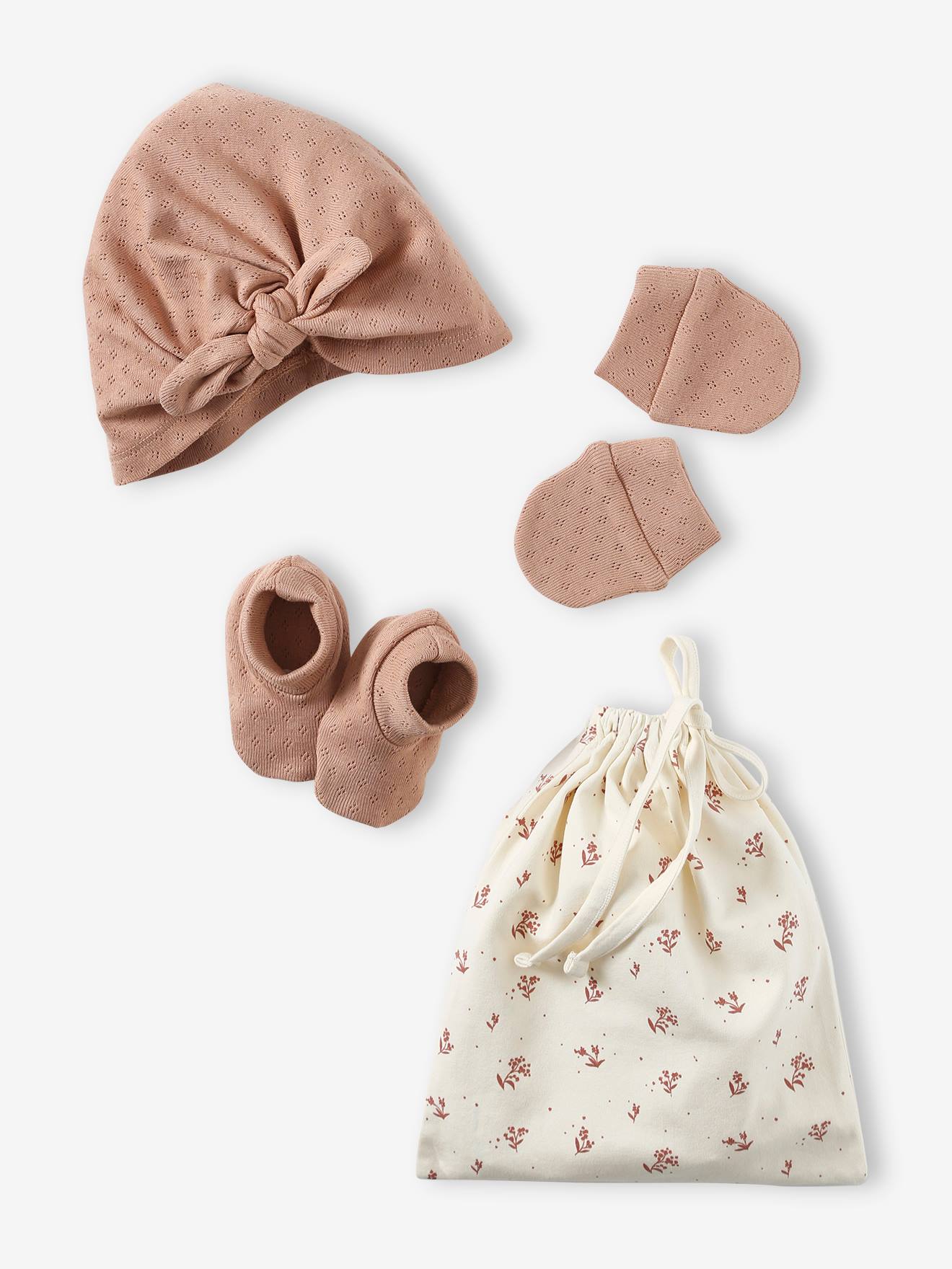 Conjunto para recém-nascida: gorro + luvas + sapatinhos + bolsa de tecido cappuccino