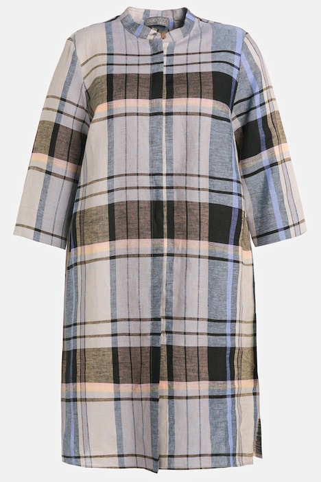 Leinenkleid, Karo, Stehkragen, 3/4-Arm