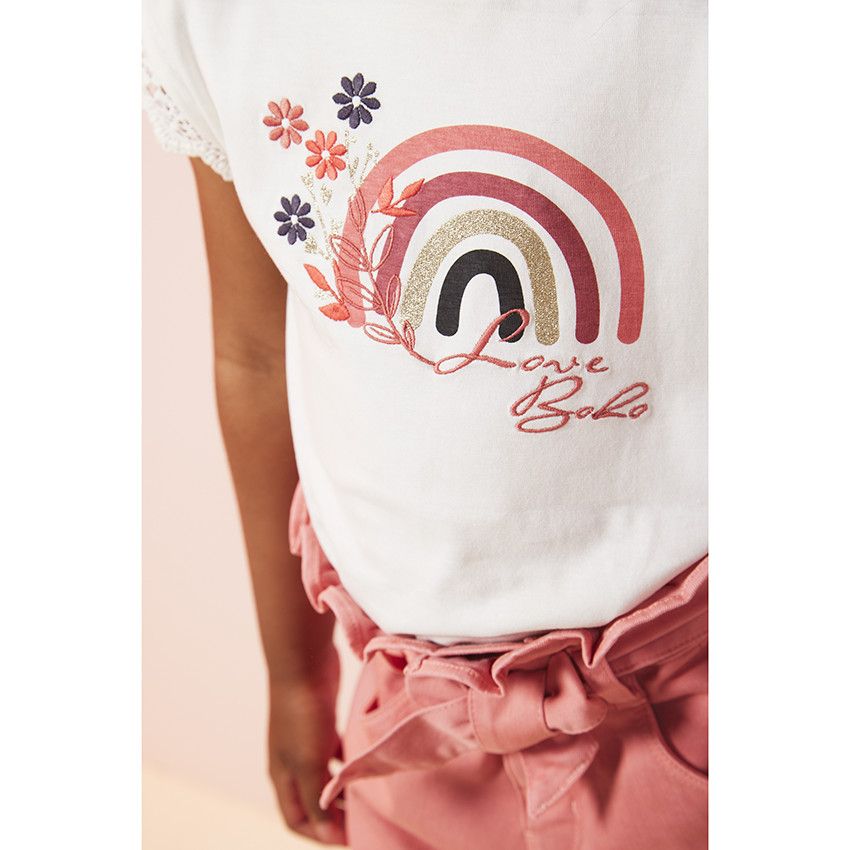 T-shirt manches courtes print arc-en-ciel et broderies pour fille - Ecru