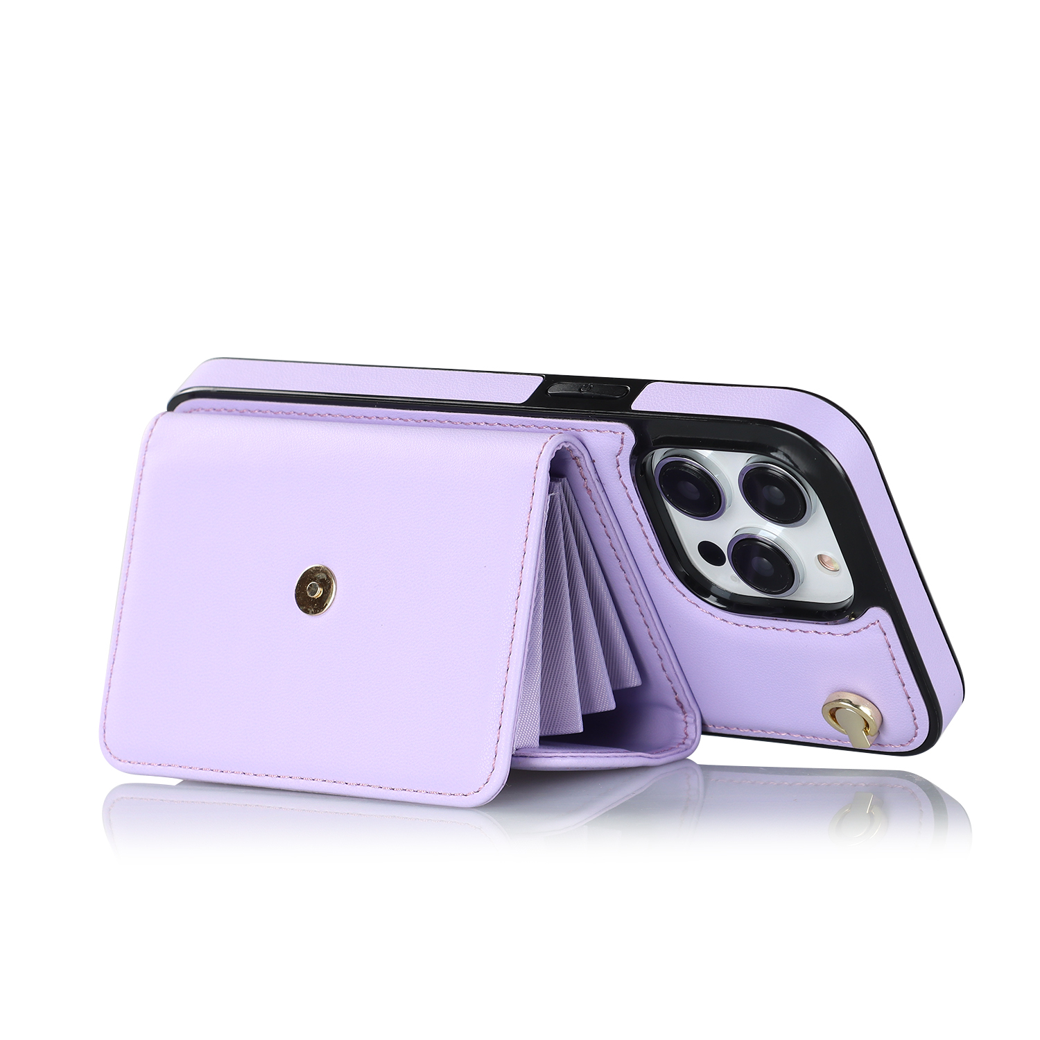 iPhone 12 / iPhone 12 Pro Necklace Leder Schutz Hülle mit Kartenfach   Handykette (140cm) - Lila