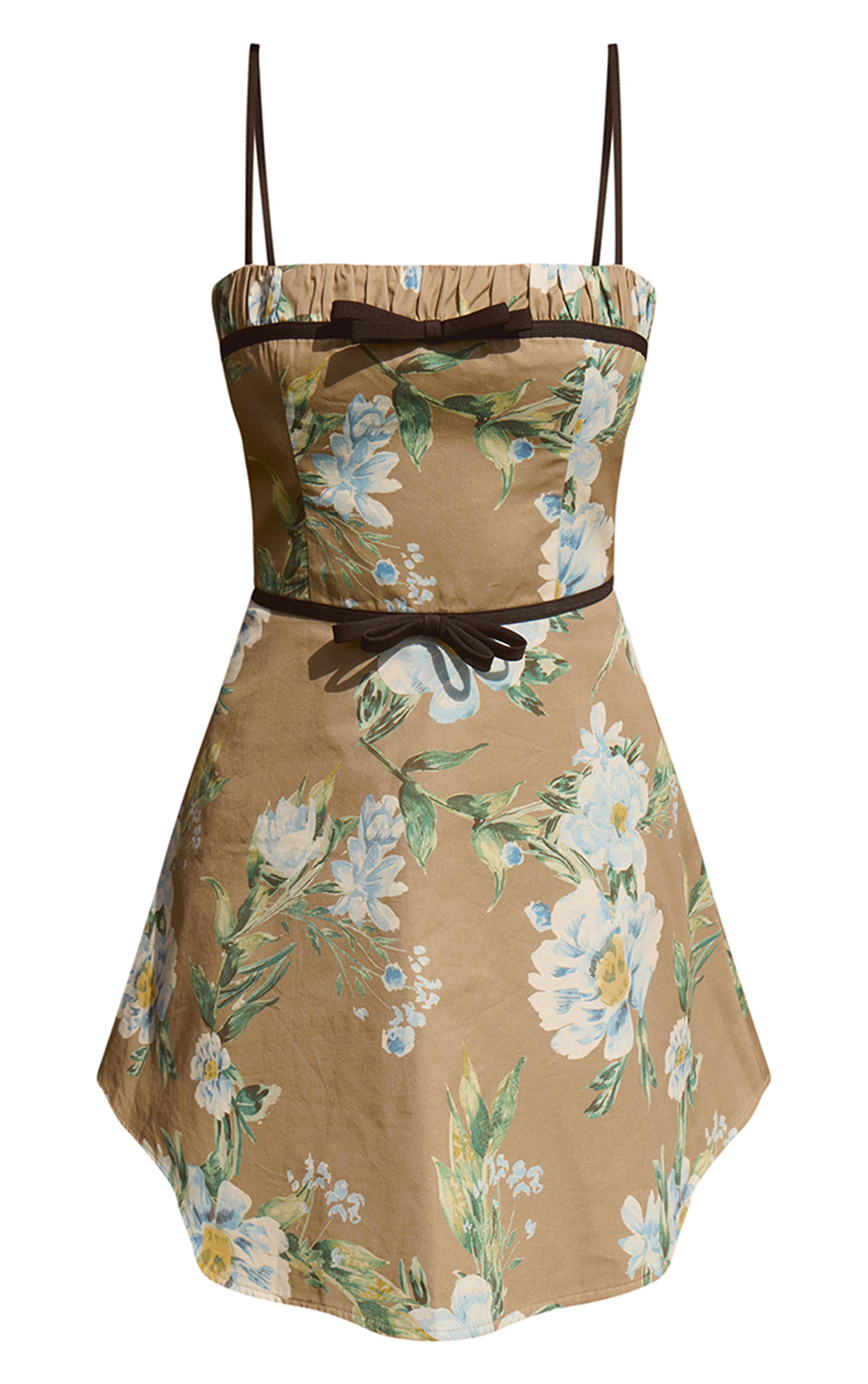 Taupe Robe Courte Évasée À Bretelles En Coton Imprimé Fleuri