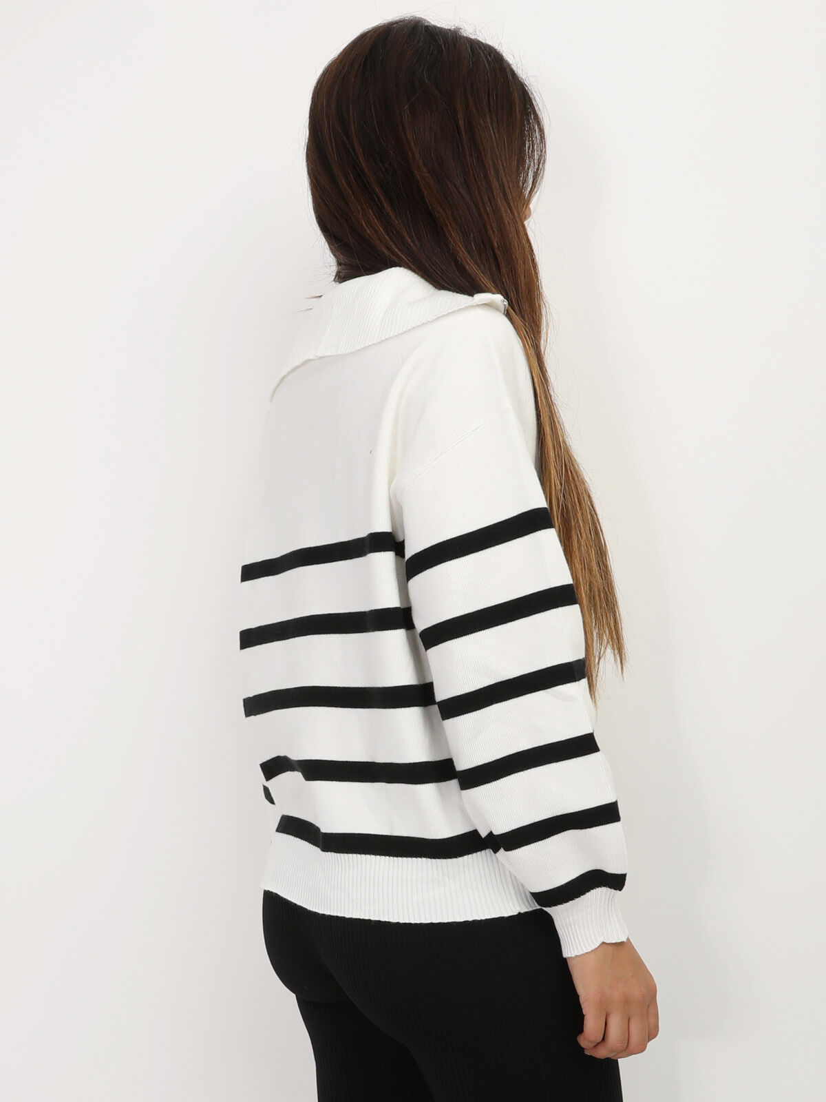 Pull à col zippé et rayures- Blanc