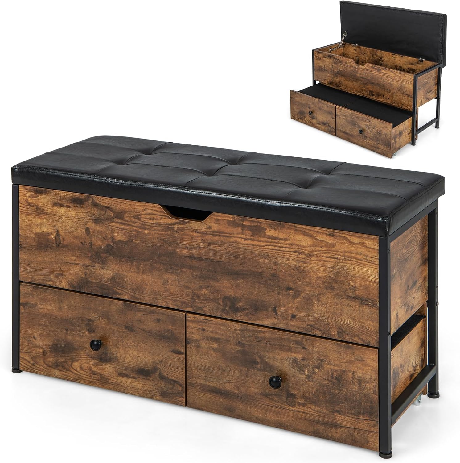 COSTWAY Schuhbank mit Sitzfäche, Sitzbank gepolstert mit 2 Schubladen, Schutzhüllen, Verstellbarer Fußstützen & Rollen, aufklappbare Schuhregal mit Stauraum, 150kg Belastbar, 101 x 41 x 58 cm