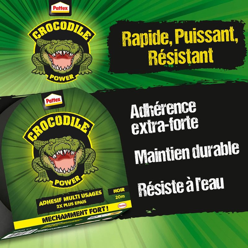 Ruban adhésif multi usages Crocodile Power Pattex - 50 mm x 20 m, noir