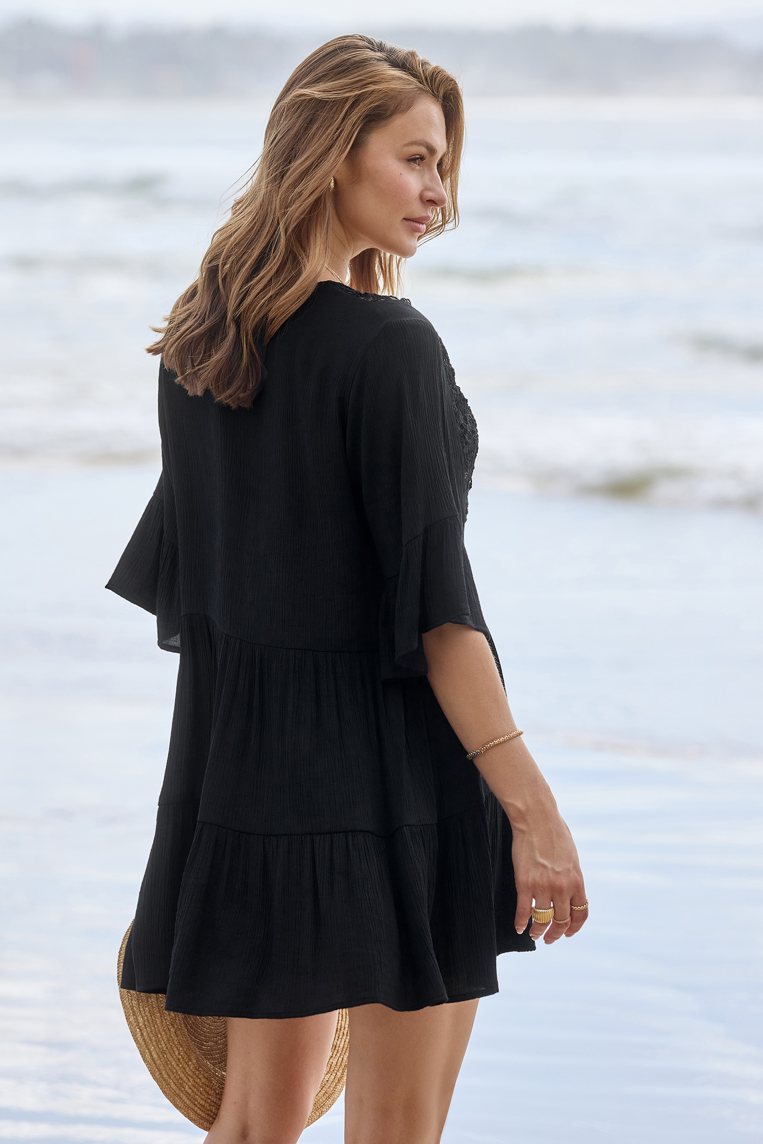 Robe mini cover up demi-manches et glands noire