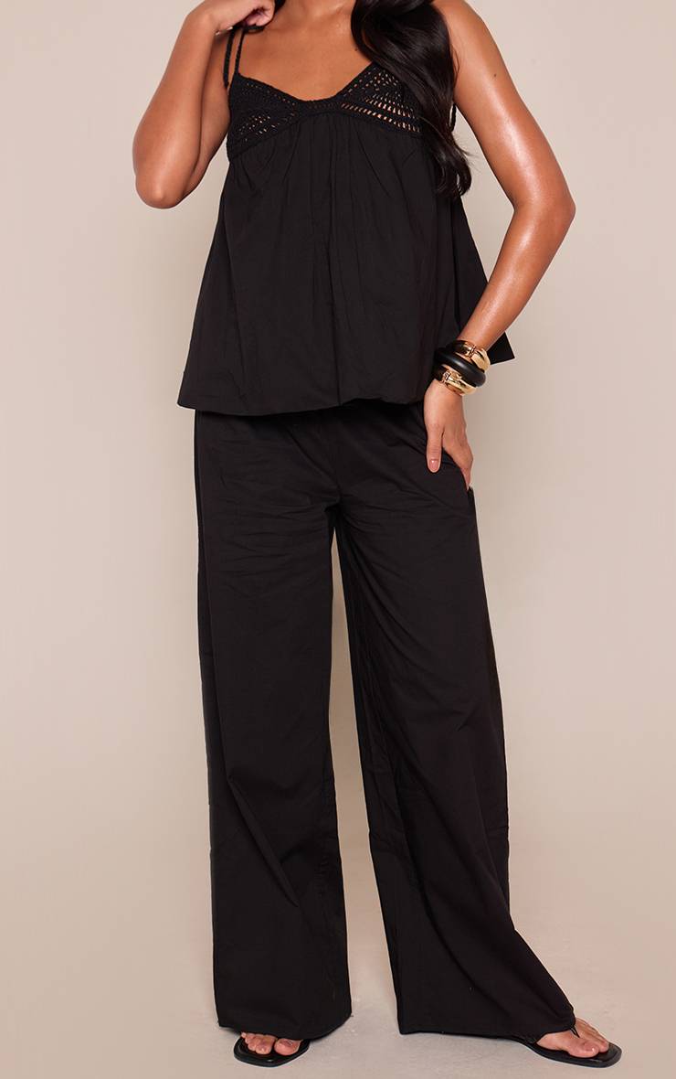 Blanc Pantalon Large Coordonné En Popeline De Coton Noir