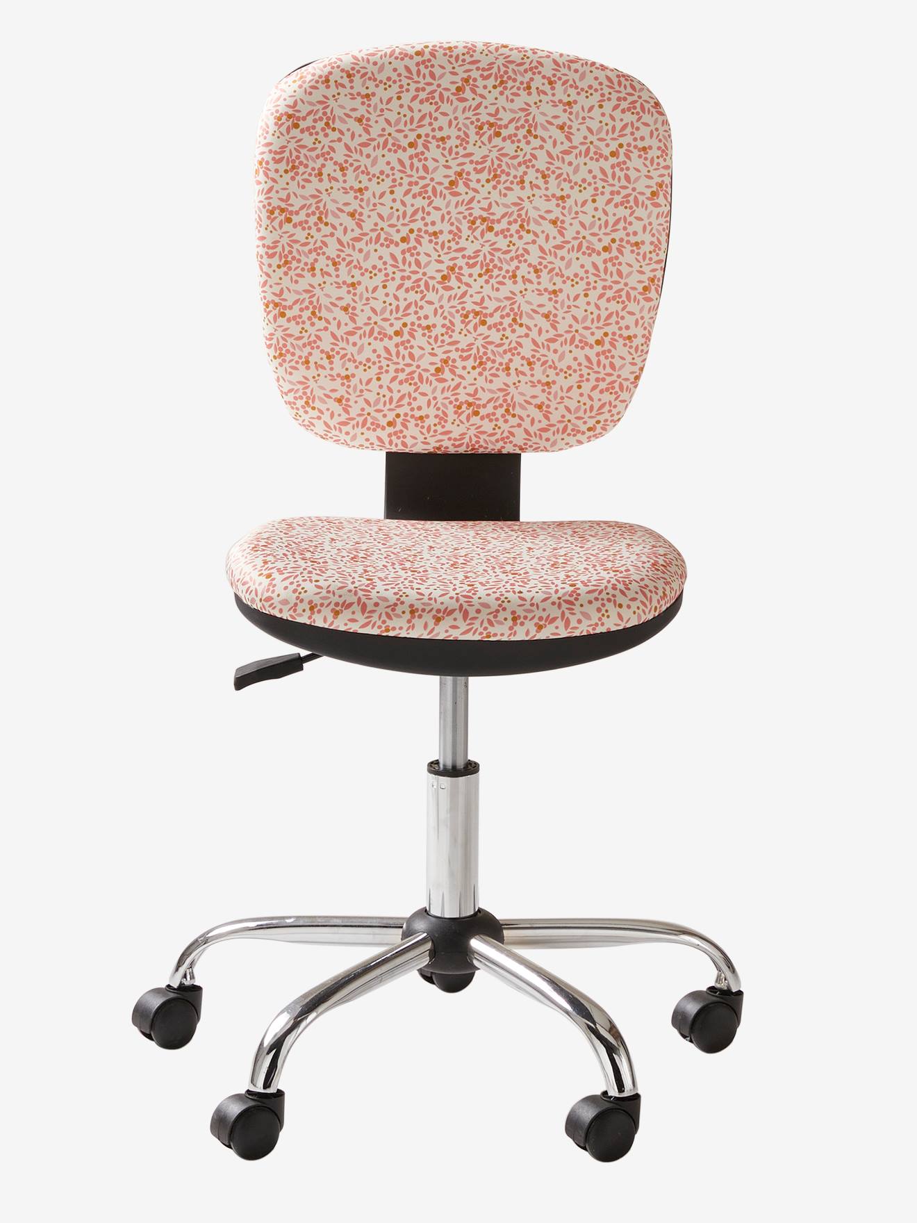 Cadeira de escritório rosa médio com estampa e rodinhas.