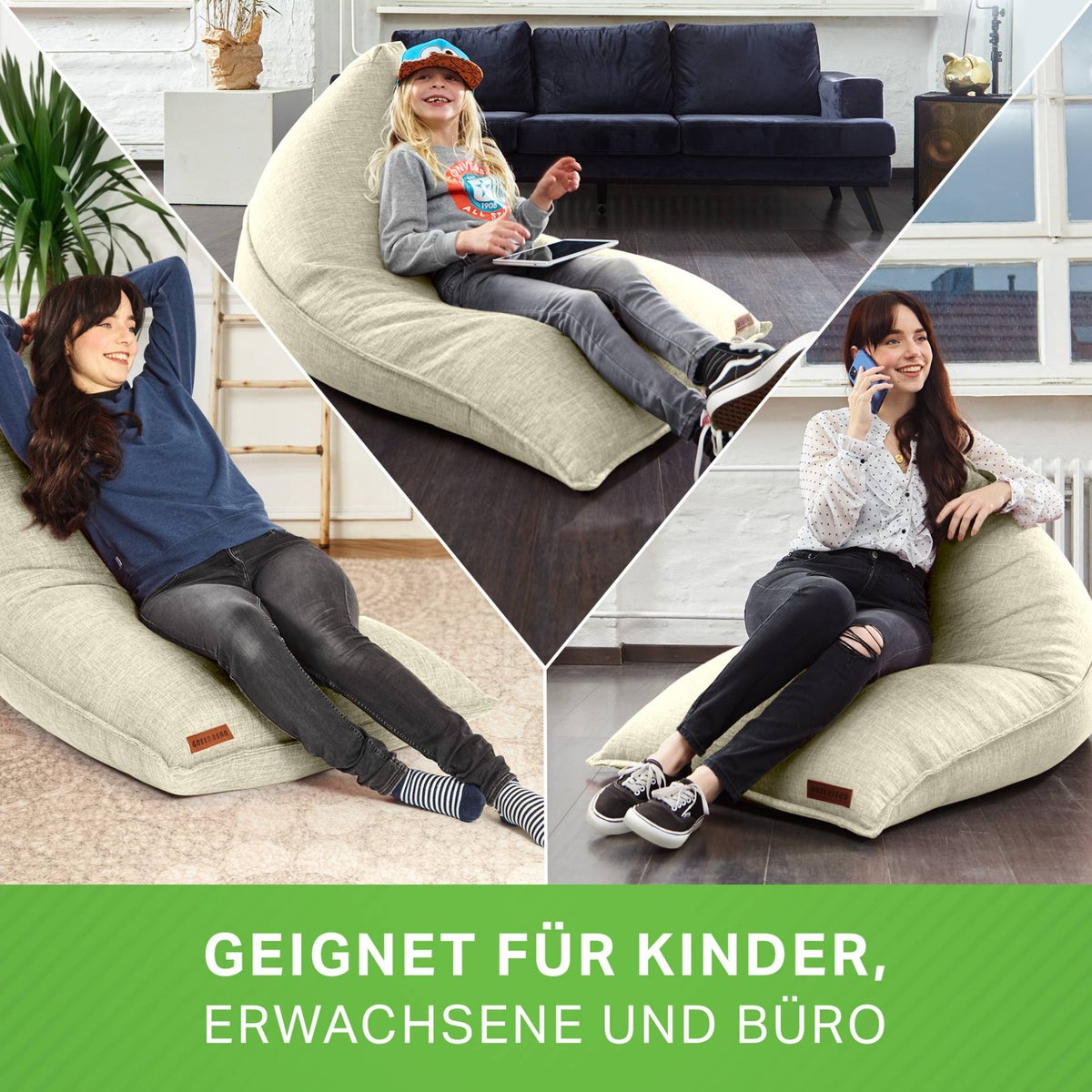 Green Bean Triangle Zitzak 150x100x100cm met EPS-korrelvulling - Knuffelzacht en wasbaar - Binnenkussen van stof voor op de vloer, ligstoel en zitkussen - Beige