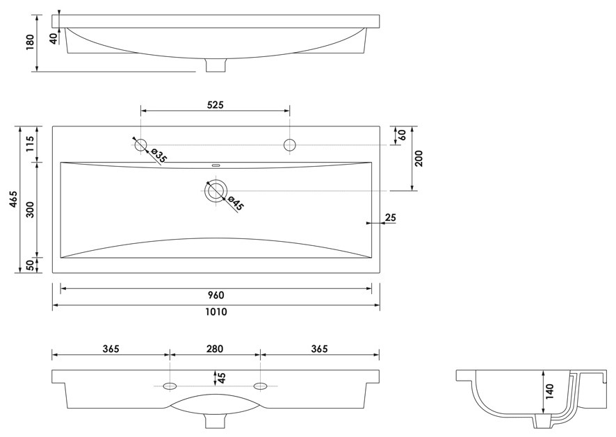 Brauer Halo wastafel keramiek 100cm met 2 kraangaten wit glans