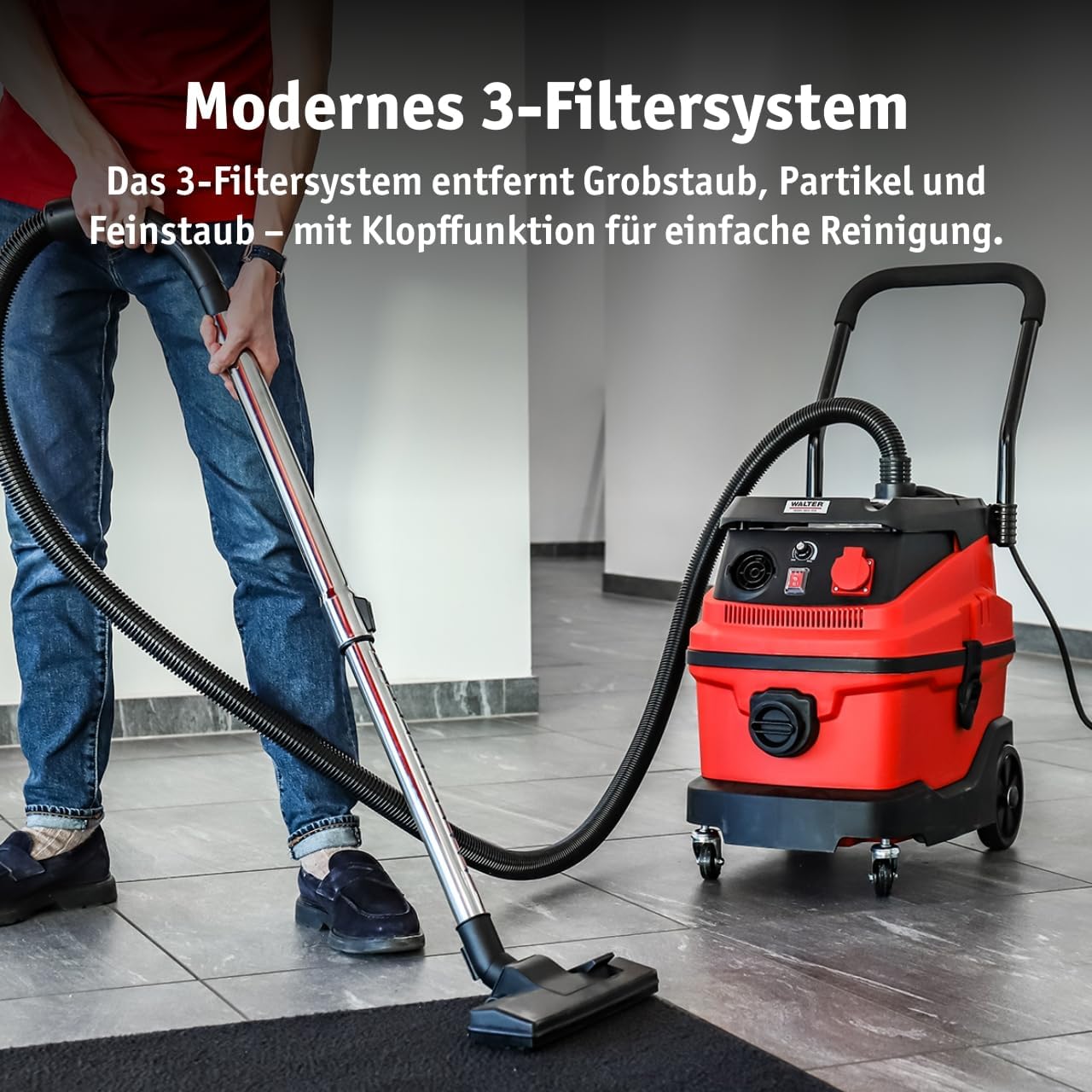 WALTER Industriestaubsauger 3-in-1 mit Wasserfilter, 1600 W, 230 V, Nass- & Trockensauger, mit Steckdose für Synchronbetrieb, Starke Saugleistung bis zu 18 KPa, inkl. umfangreichen Zubehör-Set