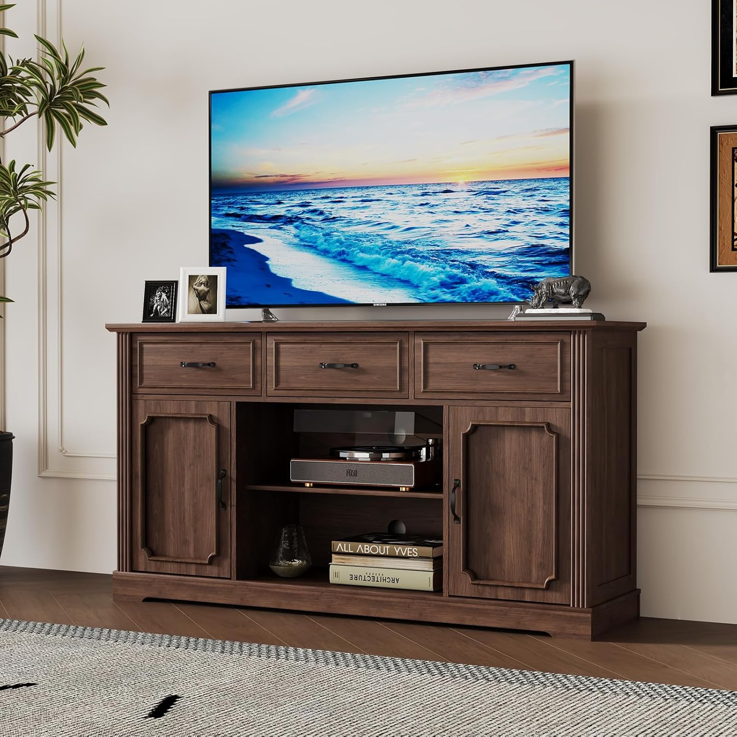 Fernsehschrank-TV-Schrank Holz Fernsehtisch Lowboard für Fernseher TV Cabinet Sideboard Fernseher für Wohnzimmer, Esszimmer, Schlafzimmer, Braun