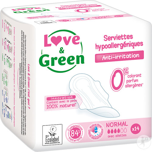 Love&Green Serviettes Hypoallergéniques Anti-Irritation Normal Ailettes 14 Pièces