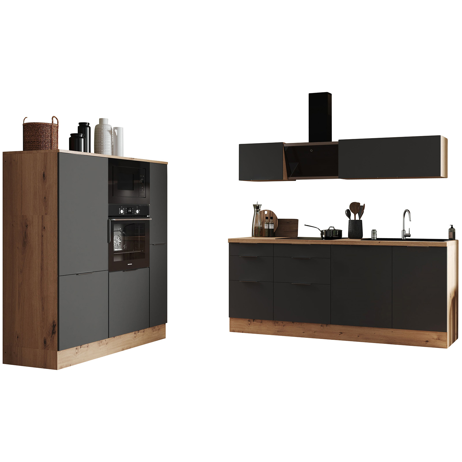 Küchenblock - grau matt - Artisan Eiche - mit E-Geräten - 370 cm