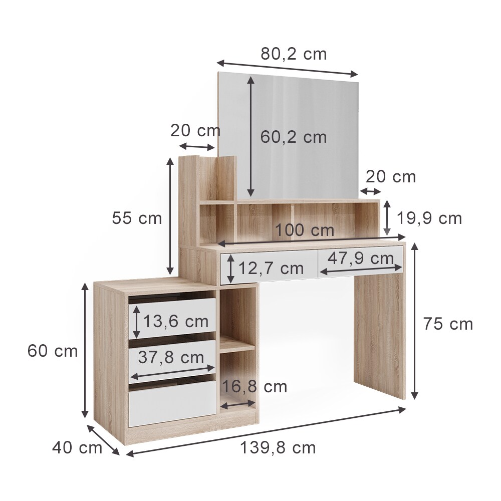 Vicco Schminktisch Anja 139,8 x 115 cm Sonoma Weiß Spiegel Frisiertisch modern