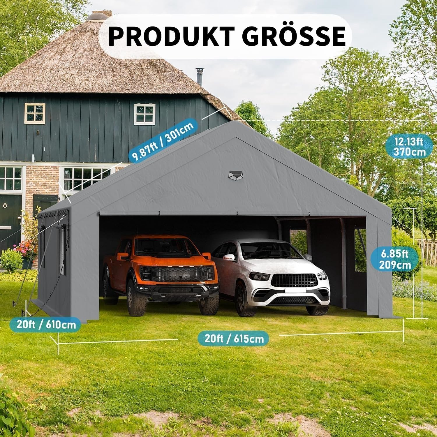 Carport Zeltgarage 6mx6m – Extra großes winterfestes Garagenzelt mit Rollfenstern für Auto SUV LKW Boote – Seitenwände und Dach abnehmbar – als Unterstand Lagerzelt oder Weidezelt